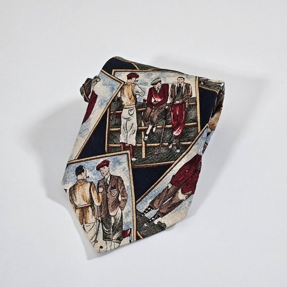 Gant Tie Silk  Multicolor Golf Players Print VTG Boho Art to Wear W3.75 L58 inch - Picture 1 of 16